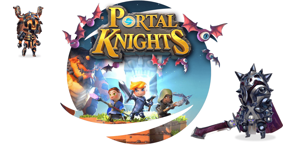 Portal Knights logo over screenshot of the game with character images around it