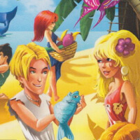 Virtual Villagers key art showing 3 characters at the beech, one is holding a fish, one is holding a basket of fruit
