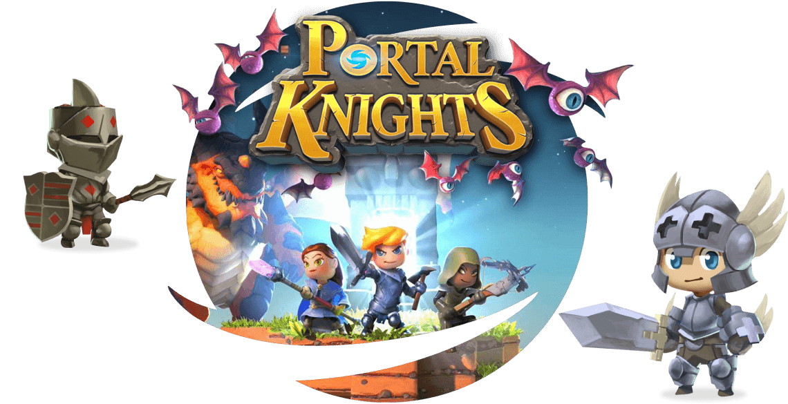 Portal Knights logo over a screenshot of the game, surrounded by character images
