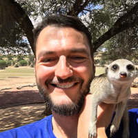 Keen employee smiling with a meerkat on their shoulder